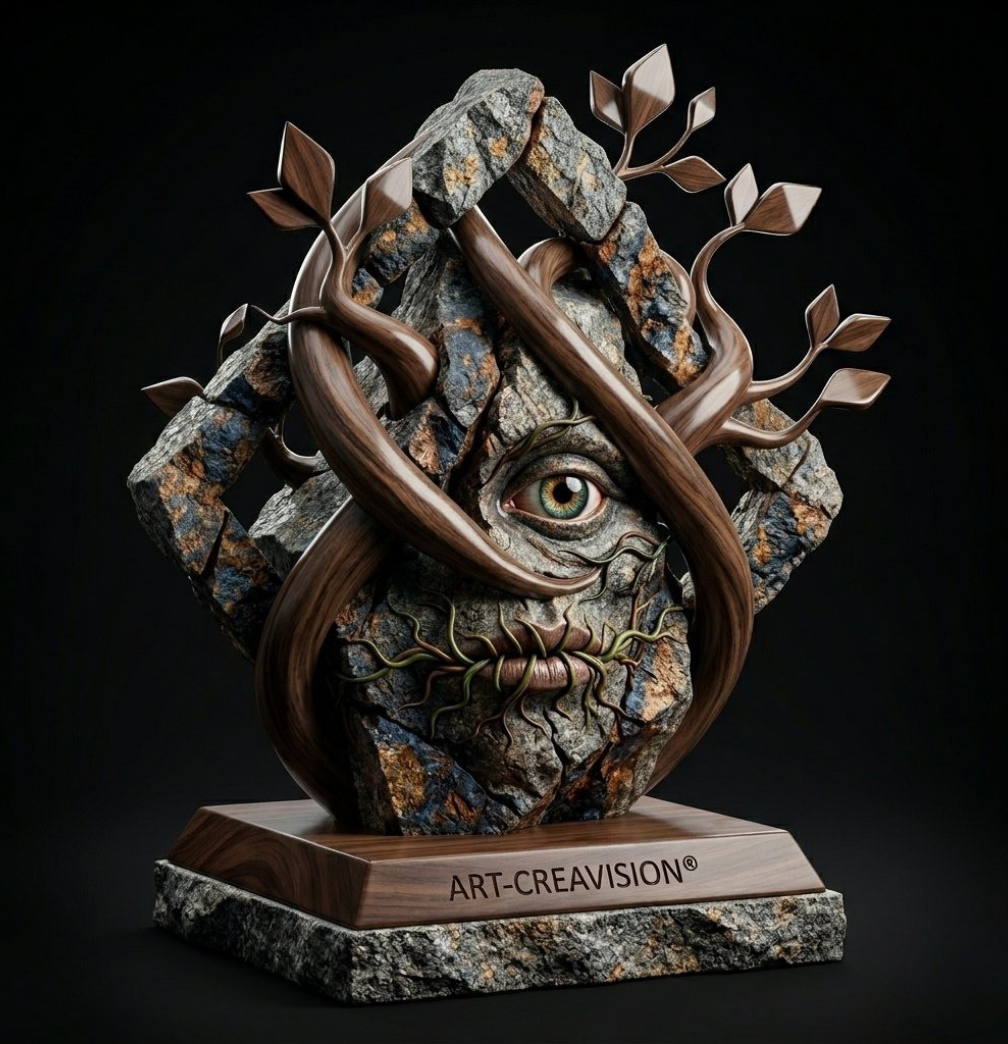 NAISSANCE — Sculpture unique en Granit et Noyer, feuilles sculptées, 42 000 €